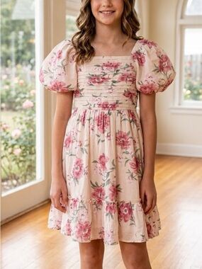 NWT A&F Girls 13/14 Pink Floral Pintucked Smocked Flower Girl Church Dress